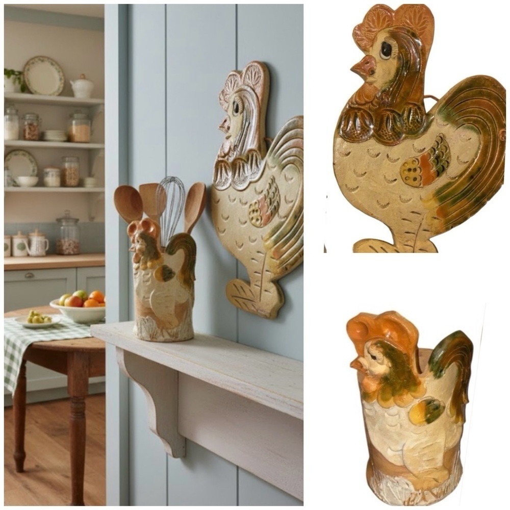 Vintage Stoneware Folk Art Rustic 11 1/2”Hanging Rooster and 7”Utensil Holder